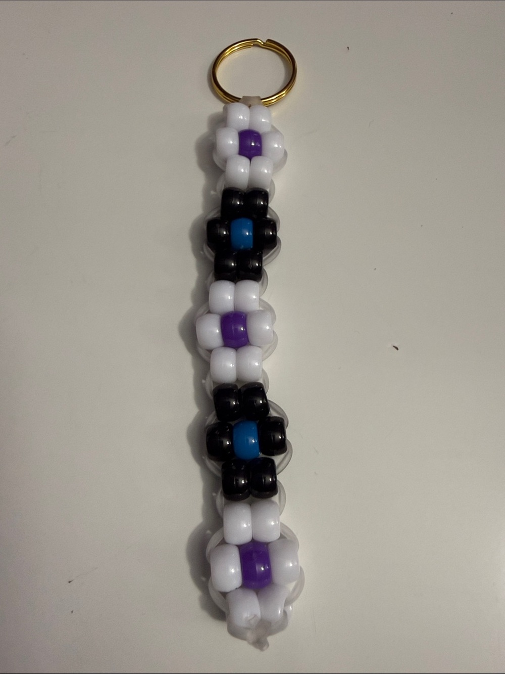 Beaded Keychain with White, Black & Purple Accents